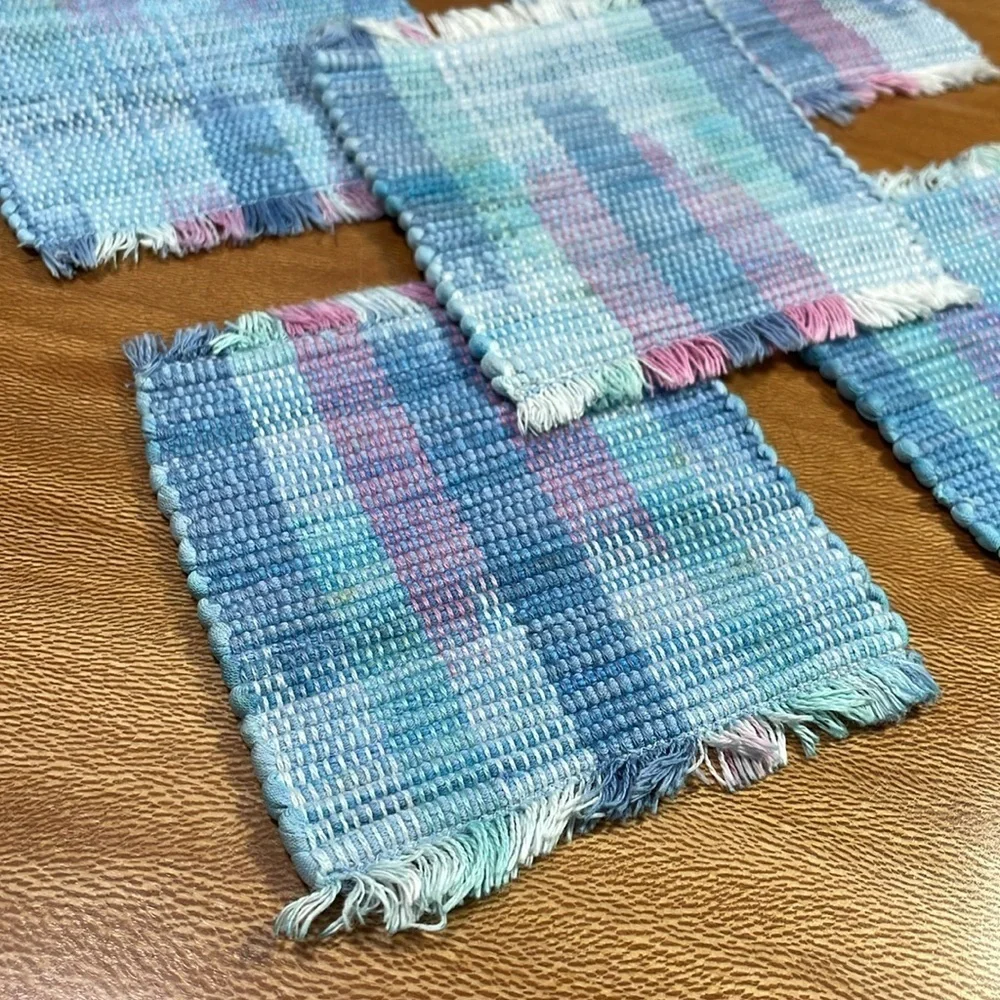 Vintage 90’s Woven Mug Rugs Coaster Cup Place Mats Turquoise Pink Blue Bohemian
